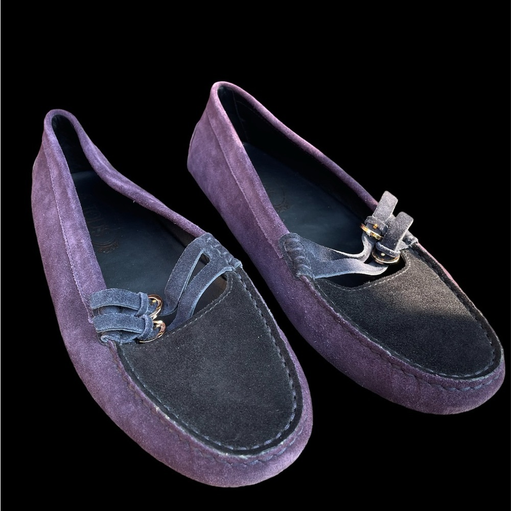 Tod’s aubergine purple suede and black moccasins 9.5 Mary Jane style
